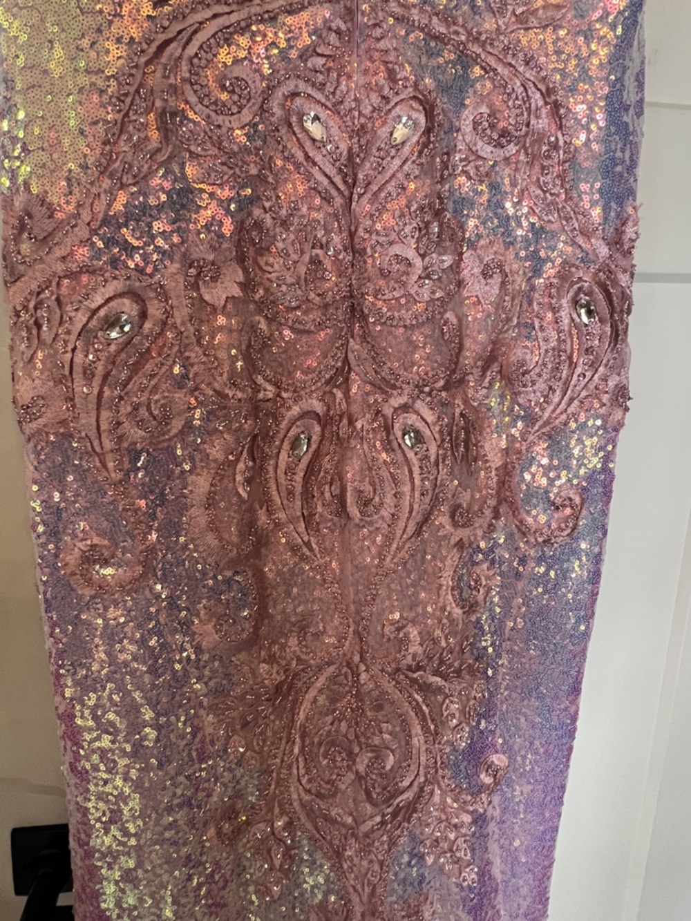 Portia & Scarlett Pink Blue Sequin Evening Gown with Feather Shoulders - Picture 10 of 16